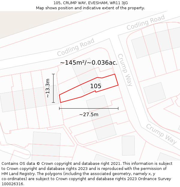 105, CRUMP WAY, EVESHAM, WR11 3JG: Plot and title map