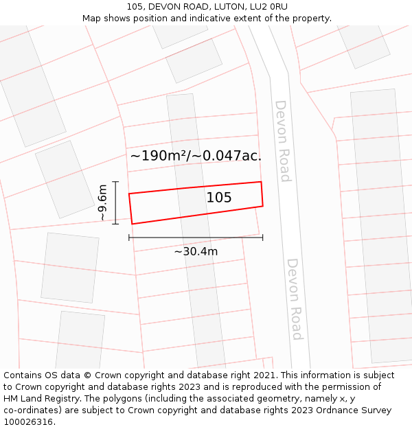 105, DEVON ROAD, LUTON, LU2 0RU: Plot and title map