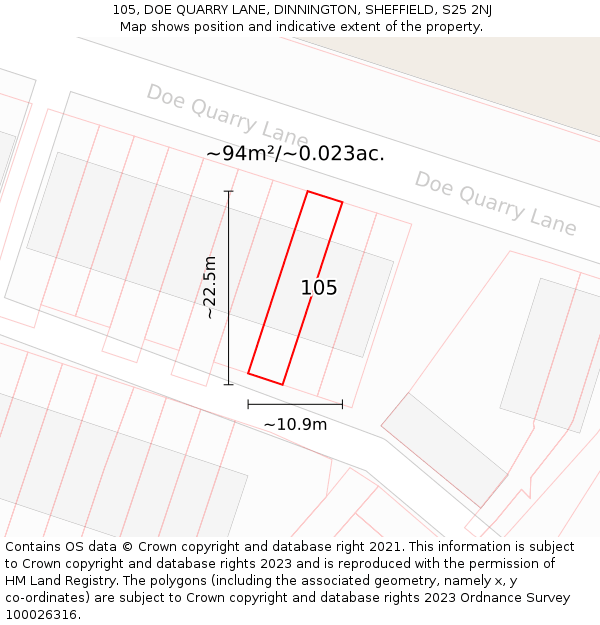 105, DOE QUARRY LANE, DINNINGTON, SHEFFIELD, S25 2NJ: Plot and title map