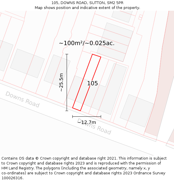 105, DOWNS ROAD, SUTTON, SM2 5PR: Plot and title map