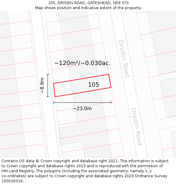 105, DRYDEN ROAD, GATESHEAD, NE9 5TS: Plot and title map