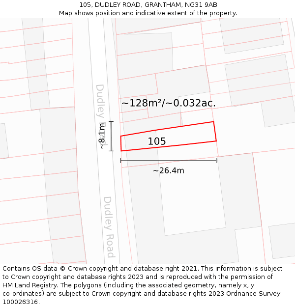 105, DUDLEY ROAD, GRANTHAM, NG31 9AB: Plot and title map