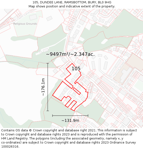 105, DUNDEE LANE, RAMSBOTTOM, BURY, BL0 9HG: Plot and title map