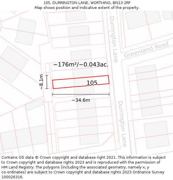 105, DURRINGTON LANE, WORTHING, BN13 2RF: Plot and title map