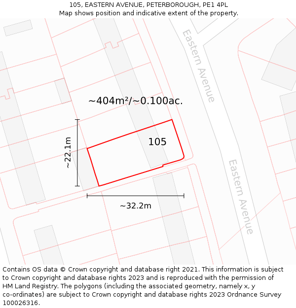 105, EASTERN AVENUE, PETERBOROUGH, PE1 4PL: Plot and title map