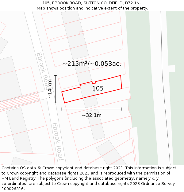 105, EBROOK ROAD, SUTTON COLDFIELD, B72 1NU: Plot and title map