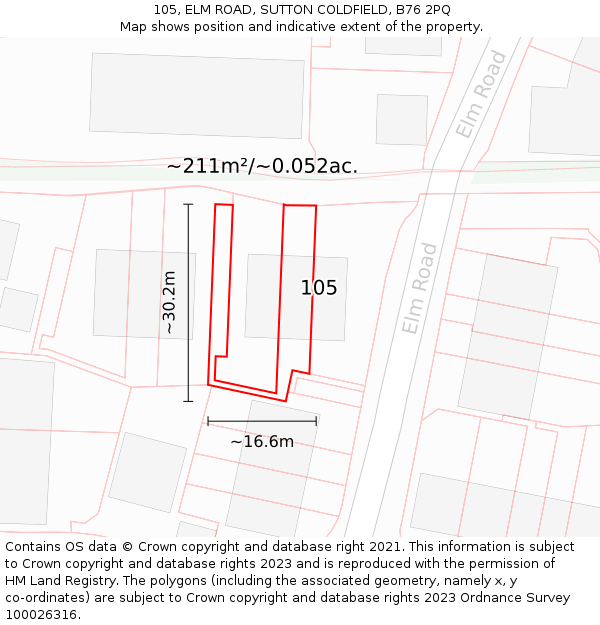 105, ELM ROAD, SUTTON COLDFIELD, B76 2PQ: Plot and title map