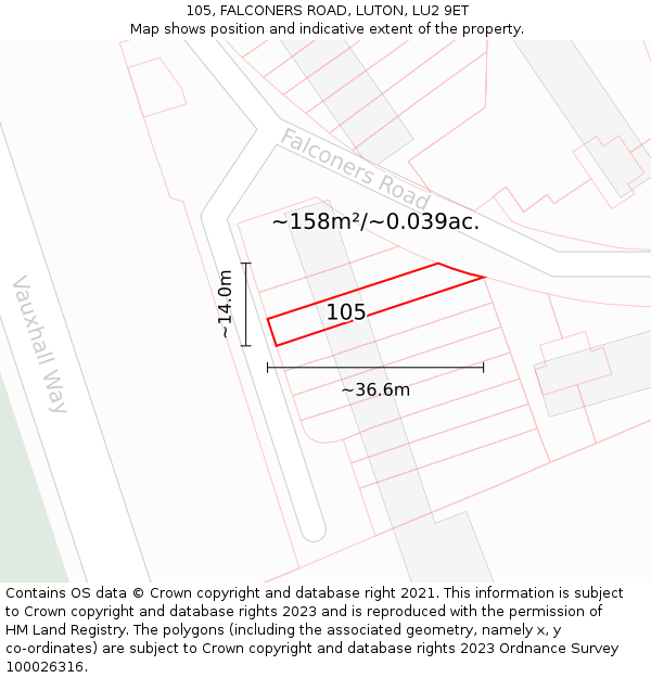 105, FALCONERS ROAD, LUTON, LU2 9ET: Plot and title map