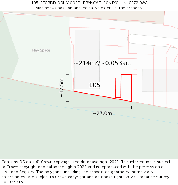 105, FFORDD DOL Y COED, BRYNCAE, PONTYCLUN, CF72 9WA: Plot and title map