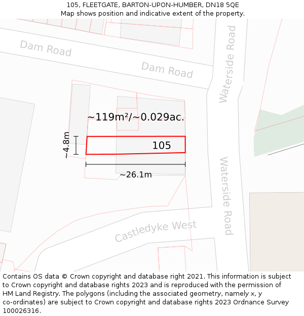 105, FLEETGATE, BARTON-UPON-HUMBER, DN18 5QE: Plot and title map
