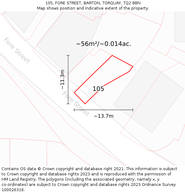 105, FORE STREET, BARTON, TORQUAY, TQ2 8BN: Plot and title map