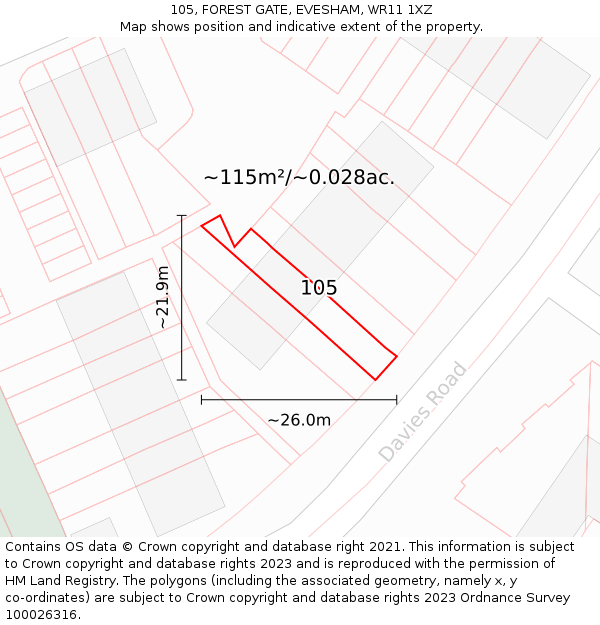 105, FOREST GATE, EVESHAM, WR11 1XZ: Plot and title map