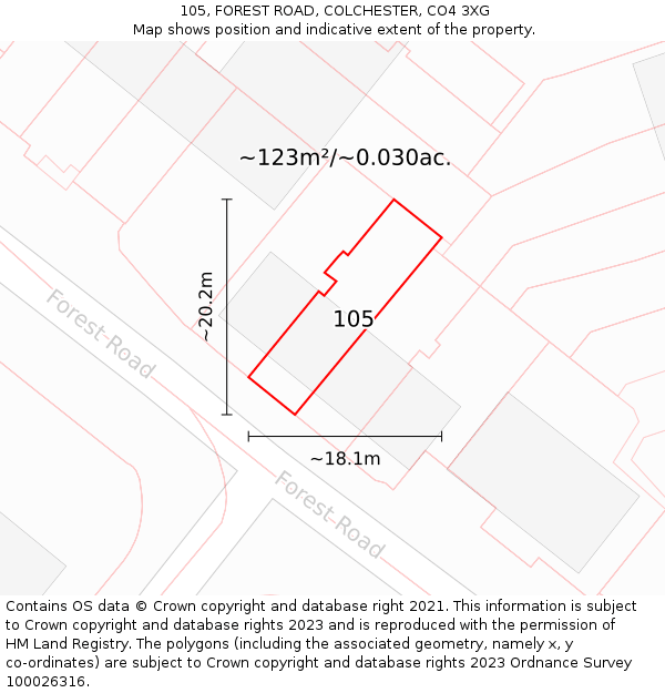105, FOREST ROAD, COLCHESTER, CO4 3XG: Plot and title map