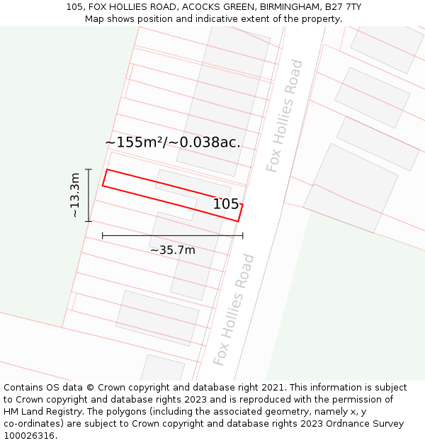105, FOX HOLLIES ROAD, ACOCKS GREEN, BIRMINGHAM, B27 7TY: Plot and title map