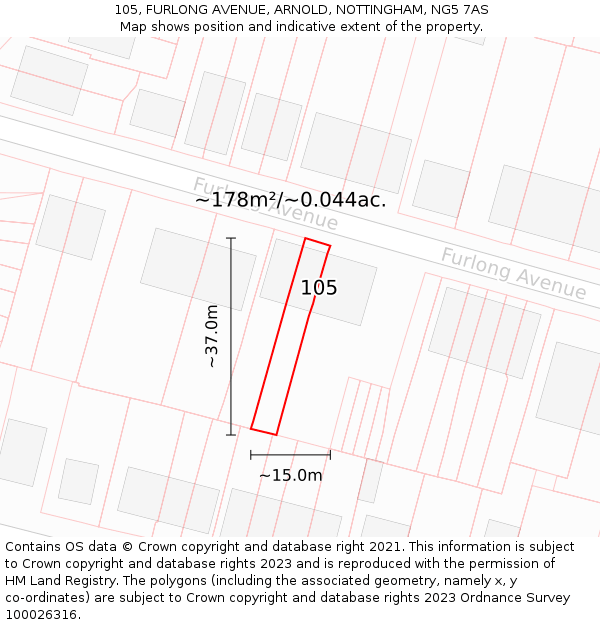105, FURLONG AVENUE, ARNOLD, NOTTINGHAM, NG5 7AS: Plot and title map