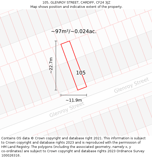 105, GLENROY STREET, CARDIFF, CF24 3JZ: Plot and title map