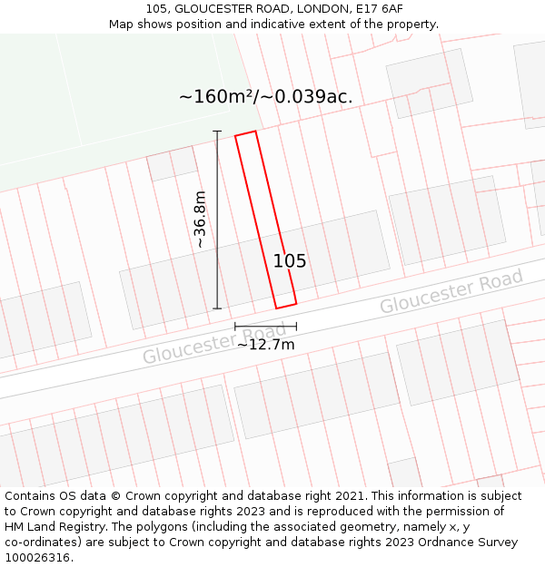 105, GLOUCESTER ROAD, LONDON, E17 6AF: Plot and title map