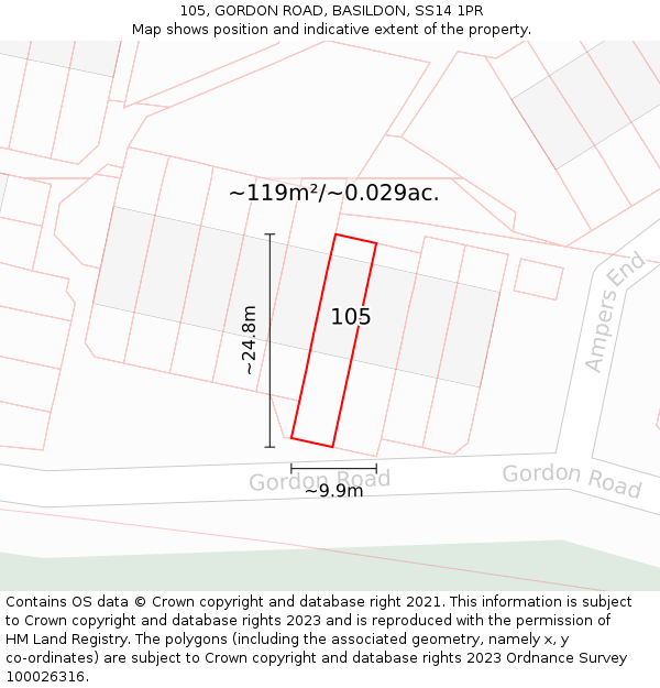 105, GORDON ROAD, BASILDON, SS14 1PR: Plot and title map