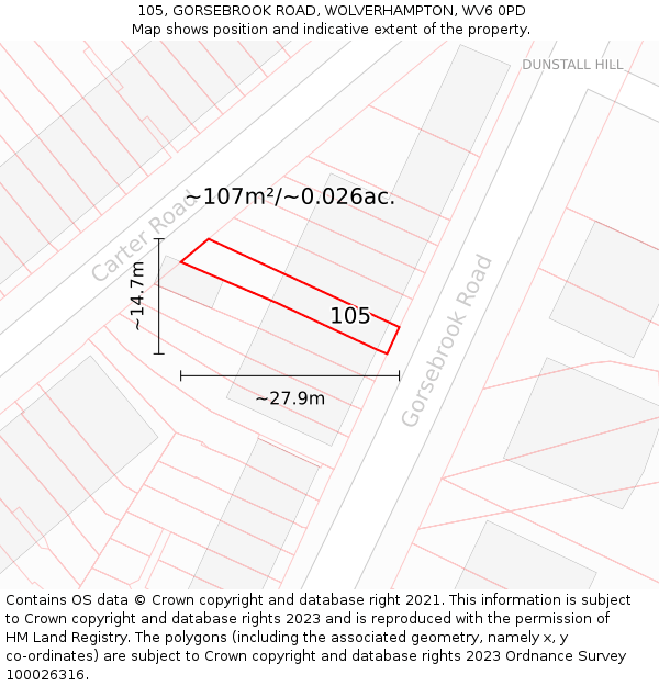 105, GORSEBROOK ROAD, WOLVERHAMPTON, WV6 0PD: Plot and title map