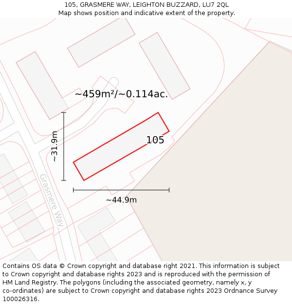 105, GRASMERE WAY, LEIGHTON BUZZARD, LU7 2QL: Plot and title map