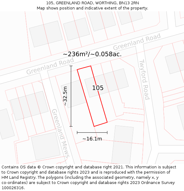 105, GREENLAND ROAD, WORTHING, BN13 2RN: Plot and title map