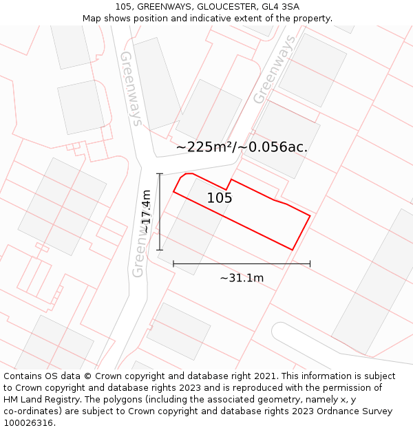 105, GREENWAYS, GLOUCESTER, GL4 3SA: Plot and title map