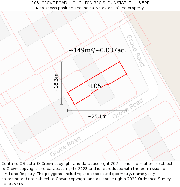 105, GROVE ROAD, HOUGHTON REGIS, DUNSTABLE, LU5 5PE: Plot and title map