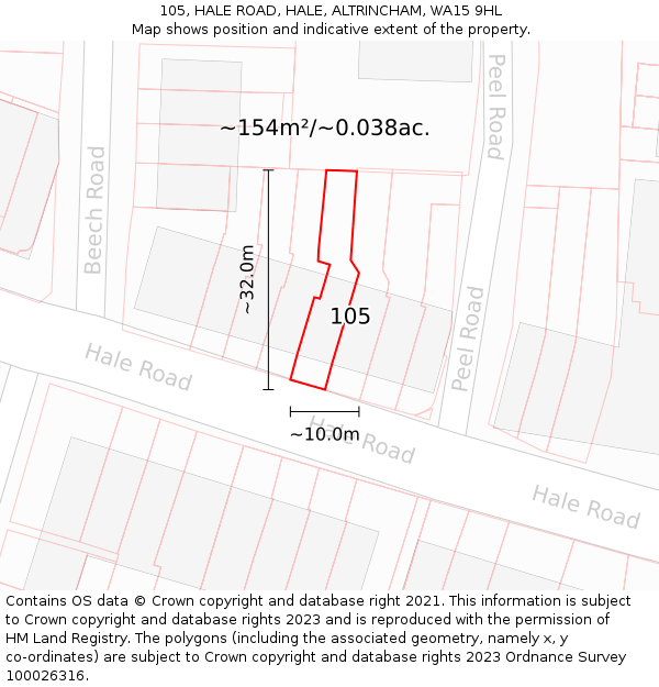 105, HALE ROAD, HALE, ALTRINCHAM, WA15 9HL: Plot and title map