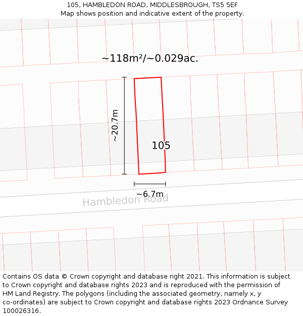 105, HAMBLEDON ROAD, MIDDLESBROUGH, TS5 5EF: Plot and title map