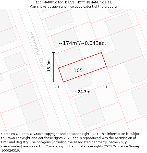 105, HARRINGTON DRIVE, NOTTINGHAM, NG7 1JL: Plot and title map