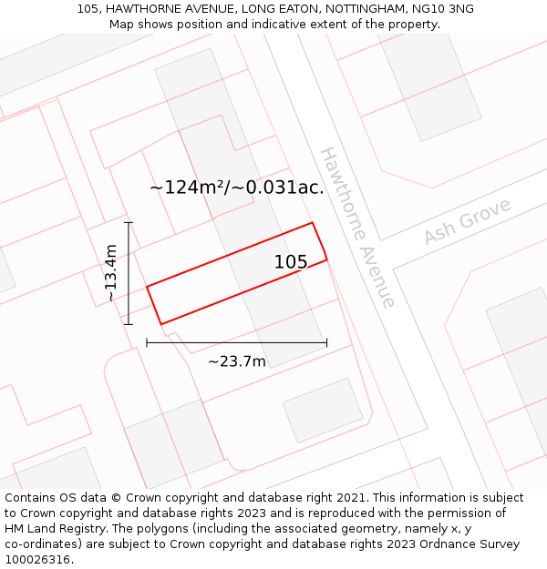 105, HAWTHORNE AVENUE, LONG EATON, NOTTINGHAM, NG10 3NG: Plot and title map