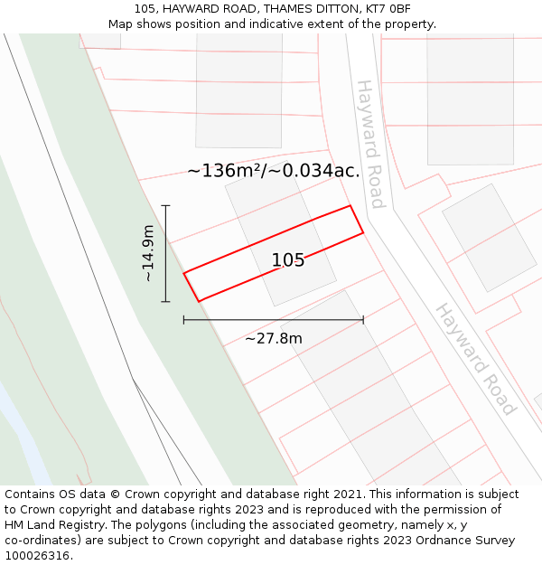 105, HAYWARD ROAD, THAMES DITTON, KT7 0BF: Plot and title map