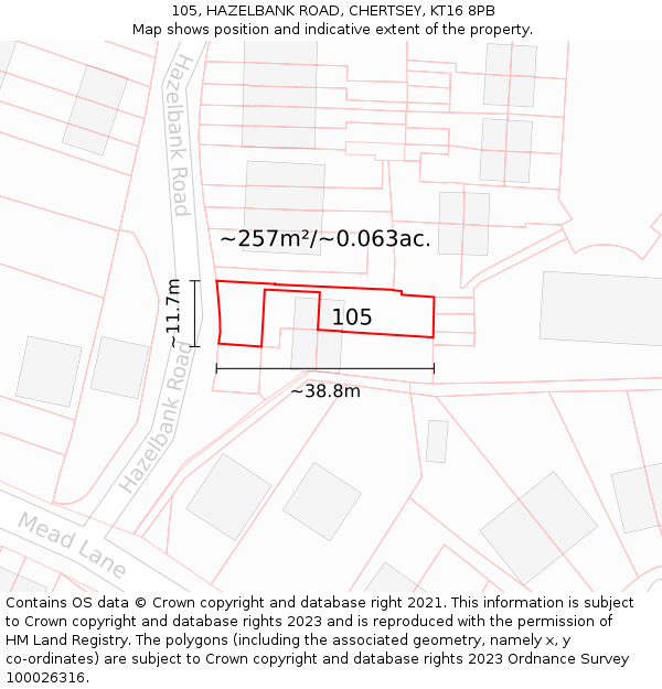 105, HAZELBANK ROAD, CHERTSEY, KT16 8PB: Plot and title map