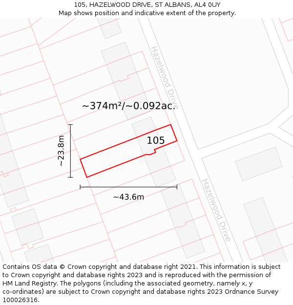 105, HAZELWOOD DRIVE, ST ALBANS, AL4 0UY: Plot and title map