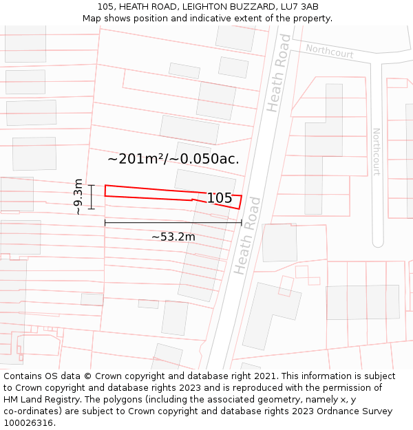 105, HEATH ROAD, LEIGHTON BUZZARD, LU7 3AB: Plot and title map