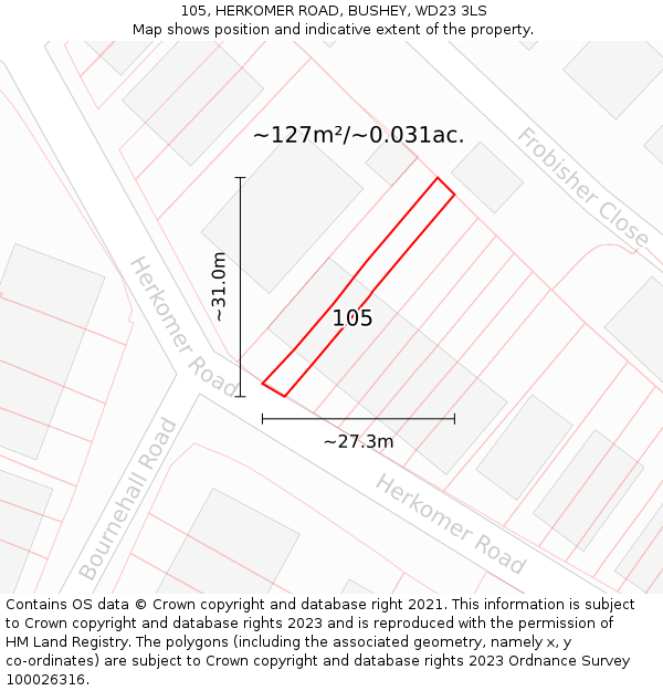 105, HERKOMER ROAD, BUSHEY, WD23 3LS: Plot and title map