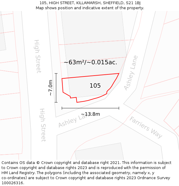 105, HIGH STREET, KILLAMARSH, SHEFFIELD, S21 1BJ: Plot and title map