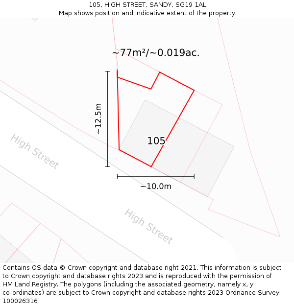 105, HIGH STREET, SANDY, SG19 1AL: Plot and title map