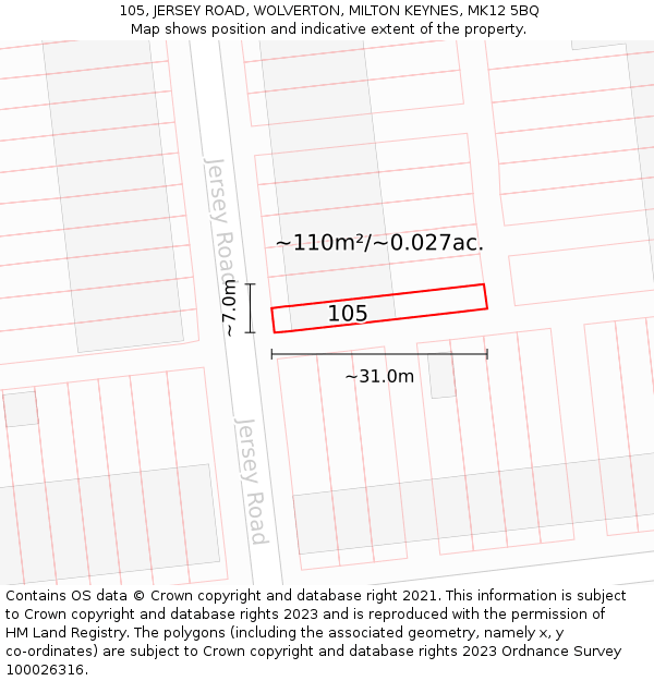 105, JERSEY ROAD, WOLVERTON, MILTON KEYNES, MK12 5BQ: Plot and title map