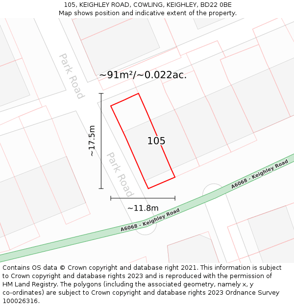 105, KEIGHLEY ROAD, COWLING, KEIGHLEY, BD22 0BE: Plot and title map