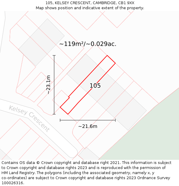 105, KELSEY CRESCENT, CAMBRIDGE, CB1 9XX: Plot and title map
