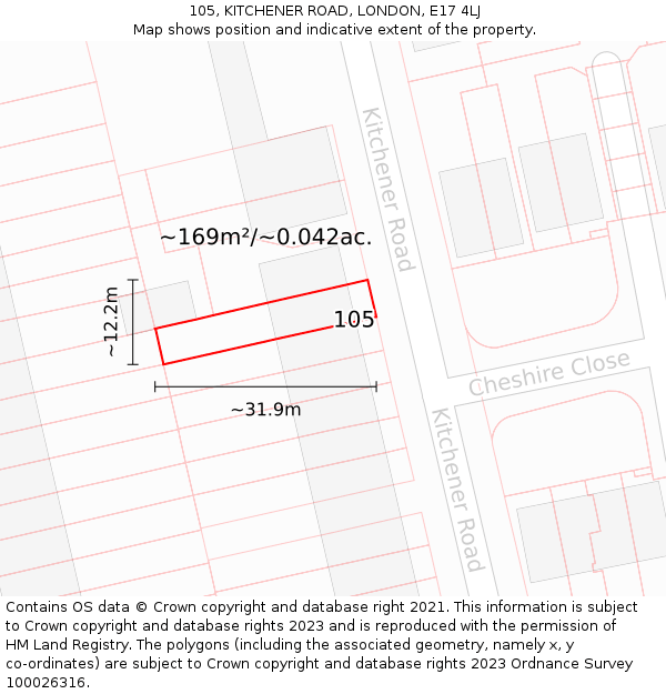105, KITCHENER ROAD, LONDON, E17 4LJ: Plot and title map