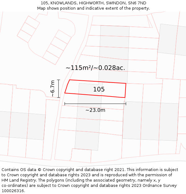105, KNOWLANDS, HIGHWORTH, SWINDON, SN6 7ND: Plot and title map