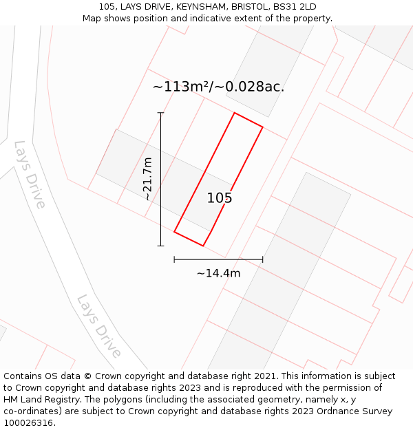 105, LAYS DRIVE, KEYNSHAM, BRISTOL, BS31 2LD: Plot and title map