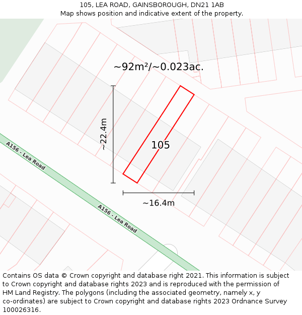 105, LEA ROAD, GAINSBOROUGH, DN21 1AB: Plot and title map