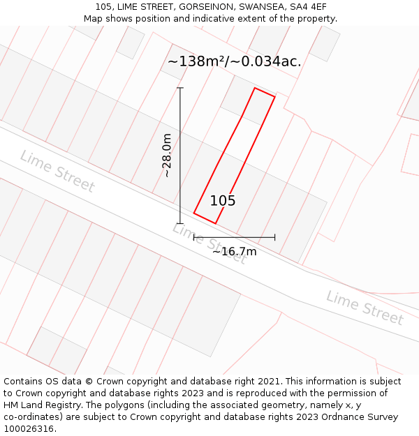 105, LIME STREET, GORSEINON, SWANSEA, SA4 4EF: Plot and title map