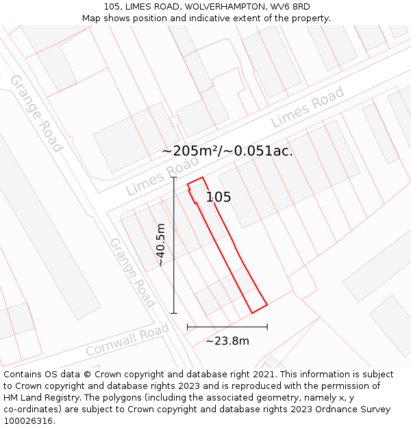 105, LIMES ROAD, WOLVERHAMPTON, WV6 8RD: Plot and title map