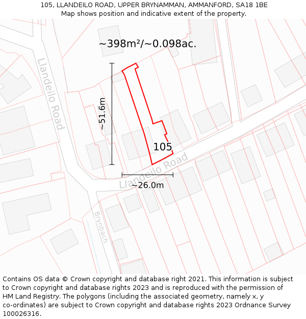 105, LLANDEILO ROAD, UPPER BRYNAMMAN, AMMANFORD, SA18 1BE: Plot and title map