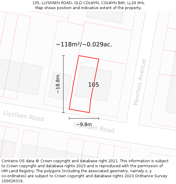 105, LLYSFAEN ROAD, OLD COLWYN, COLWYN BAY, LL29 9HL: Plot and title map