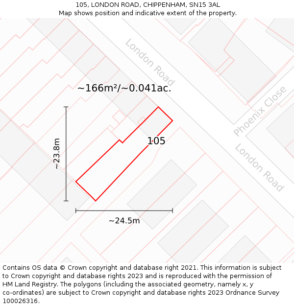 105, LONDON ROAD, CHIPPENHAM, SN15 3AL: Plot and title map